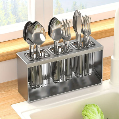 Utensil Holder 3 Cup Multi-Compartment Built-In Drain