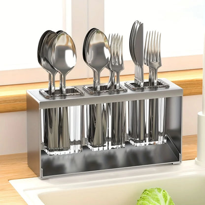 Utensil Holder 3 Cup Multi-Compartment Built-In Drain