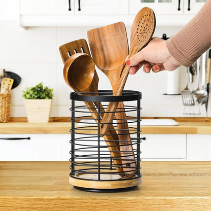 Utensil Holder 360° Rotating Iron Frame & Wooden Base