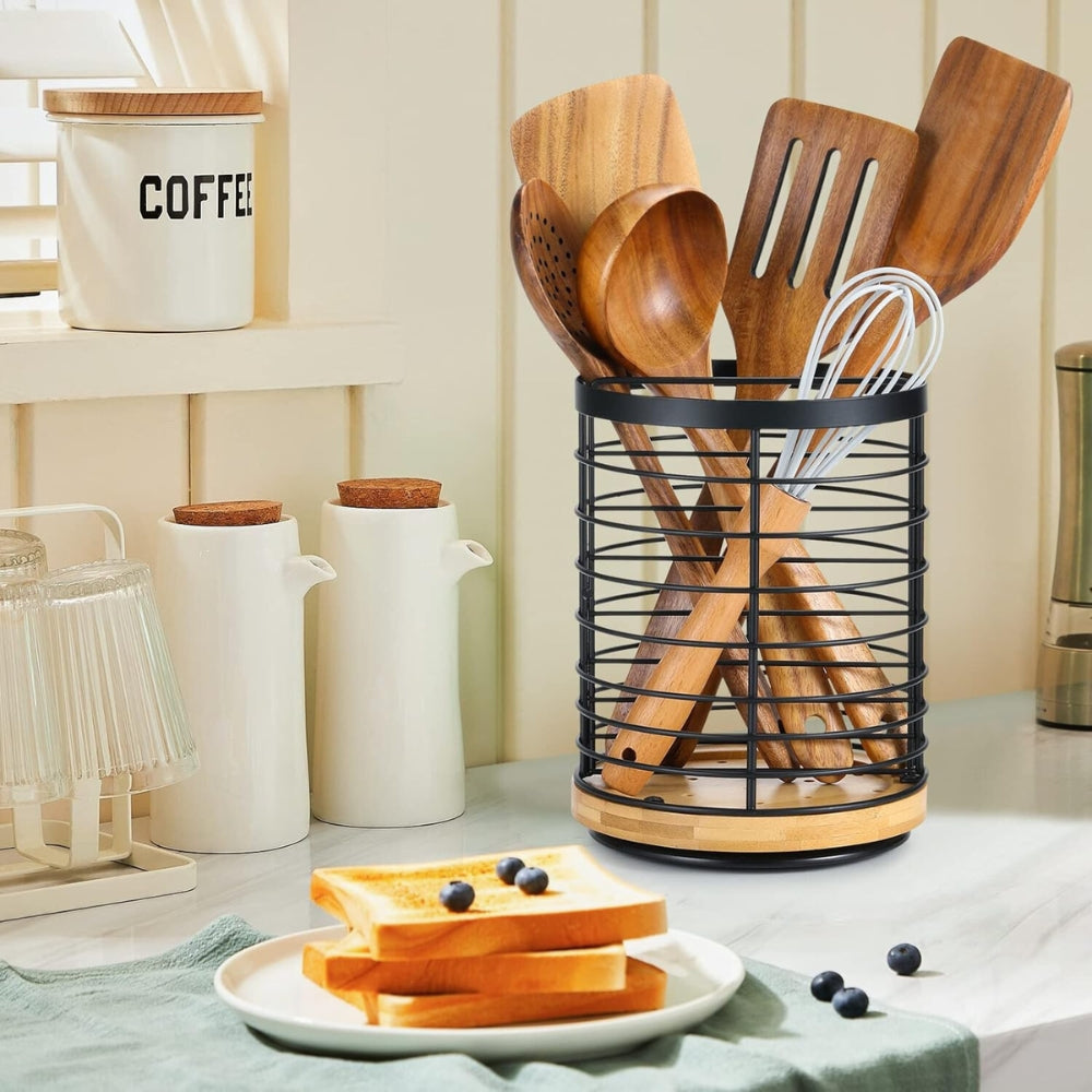 Utensil Holder 360° Rotating Iron Frame & Wooden Base