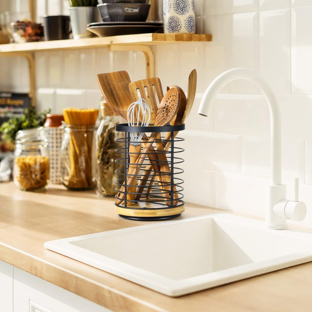 Utensil Holder 360° Rotating Iron Frame & Wooden Base