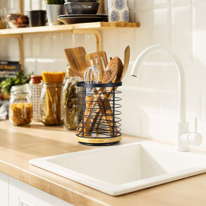 Utensil Holder 360° Rotating Iron Frame & Wooden Base