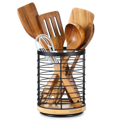 Utensil Holder 360° Rotating Iron Frame & Wooden Base
