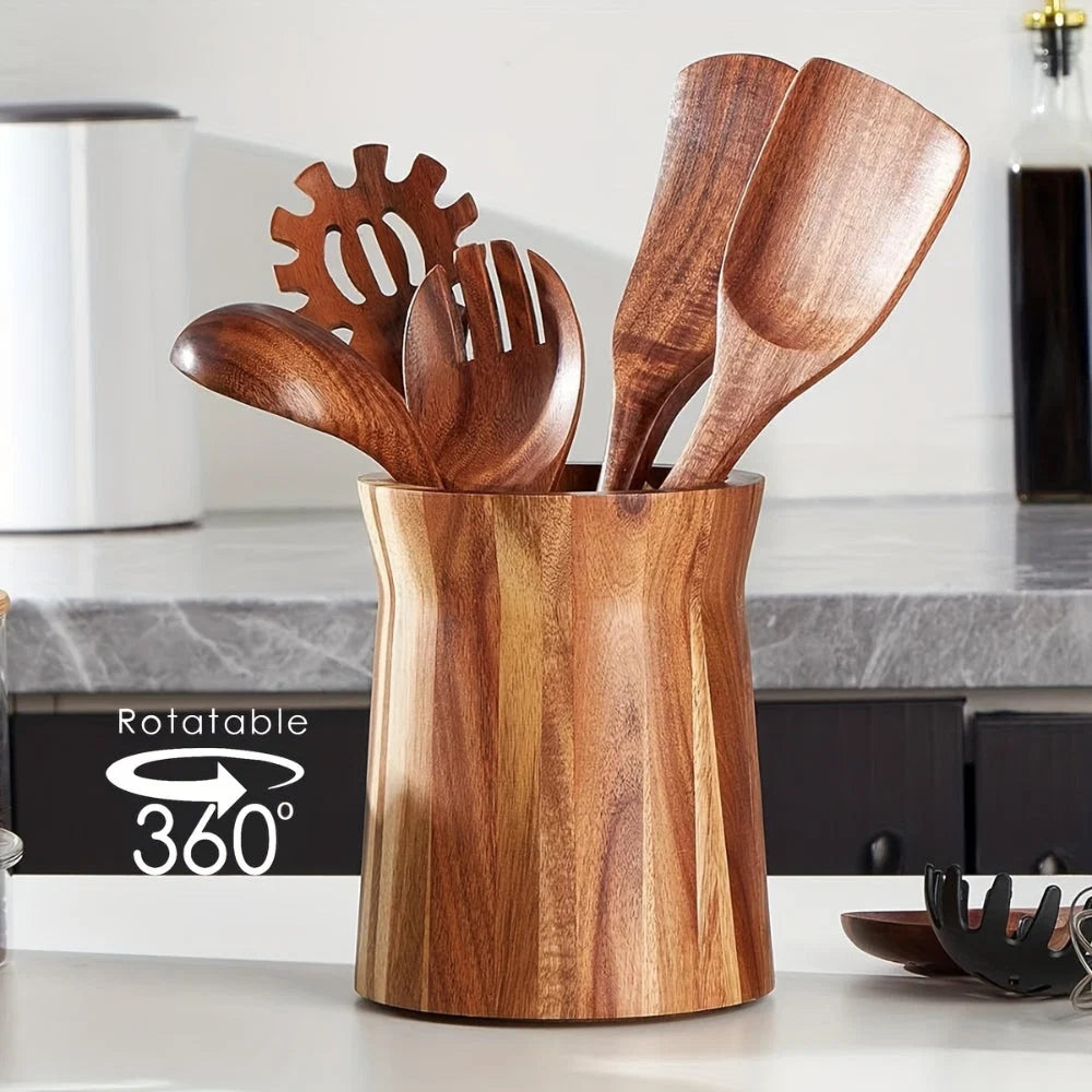Utensil Holder Acacia Wood 360 Degree Rotating Countertop Organizer