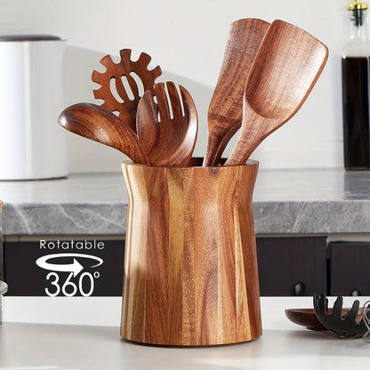 Utensil Holder Acacia Wood 360 Degree Rotating Countertop Organizer