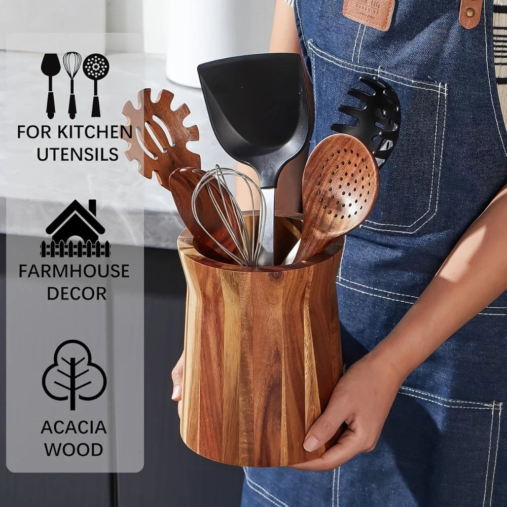 Utensil Holder Acacia Wood 360 Degree Rotating Countertop Organizer