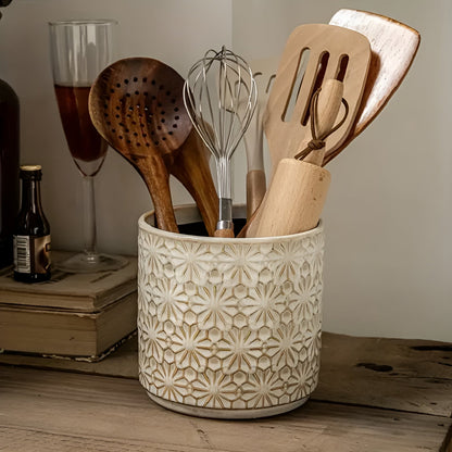 Utensil Holder Ceramic Embossed Floral Wide Opening
