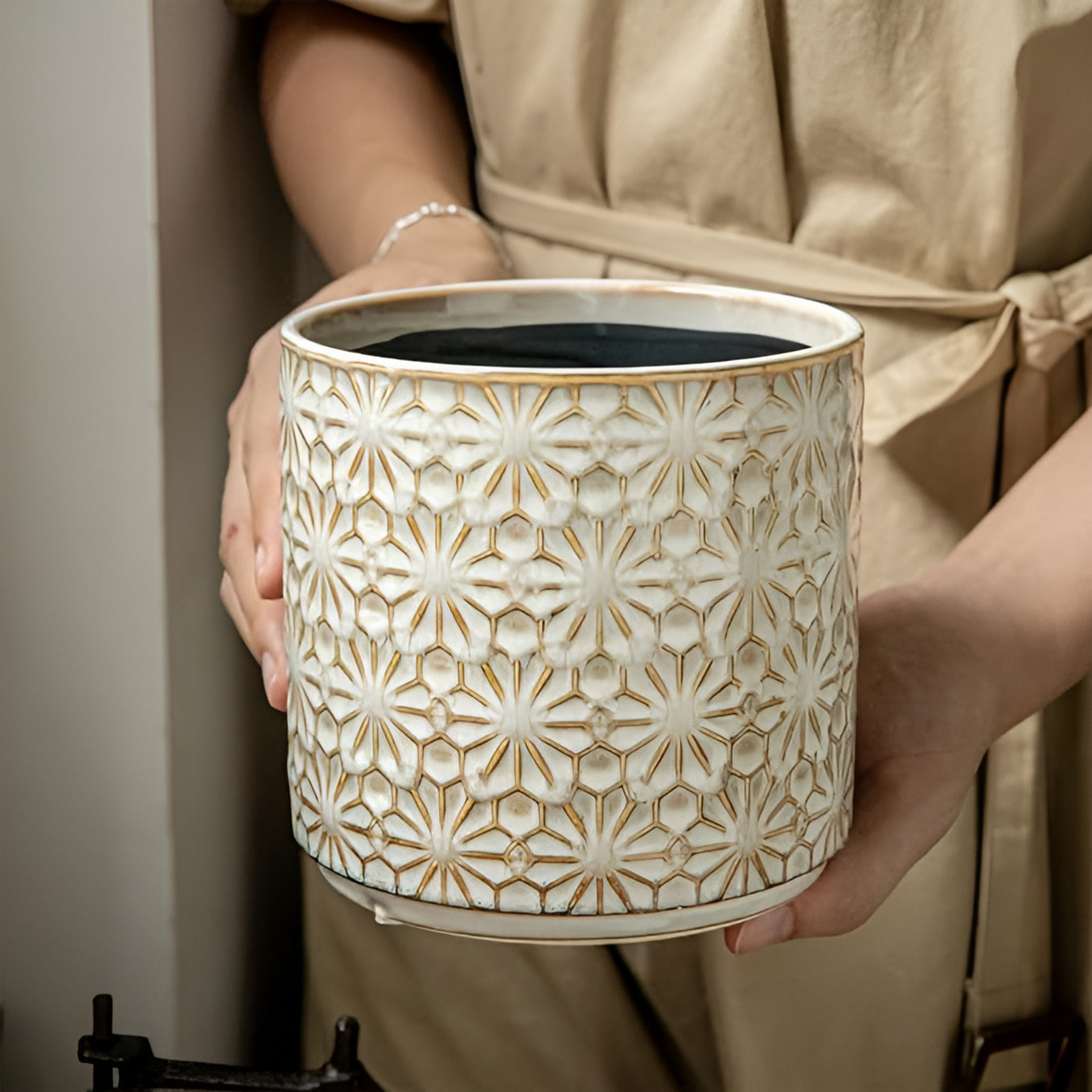 Utensil Holder Ceramic Embossed Floral Wide Opening