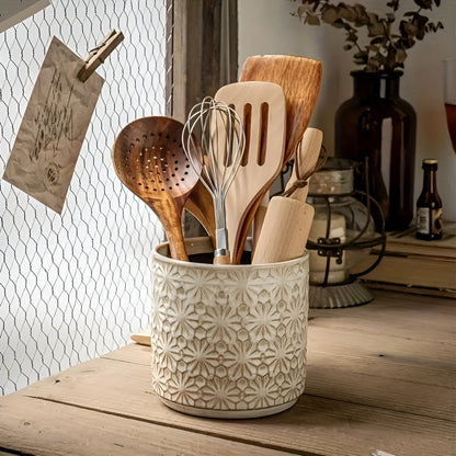 Utensil Holder Ceramic Embossed Floral Wide Opening