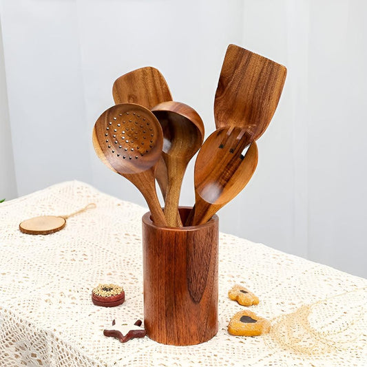 Utensil Holder Natural Wood Drainage Hole