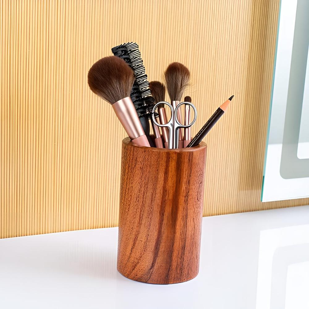 Utensil Holder Natural Wood Drainage Hole
