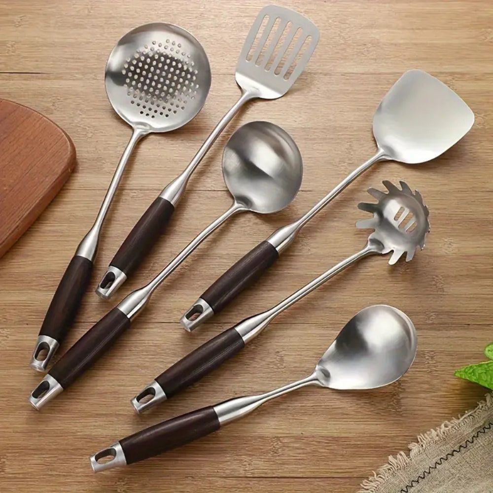 Utensil Set 6-Piece Stainless Steel Heads & Wooden Handles