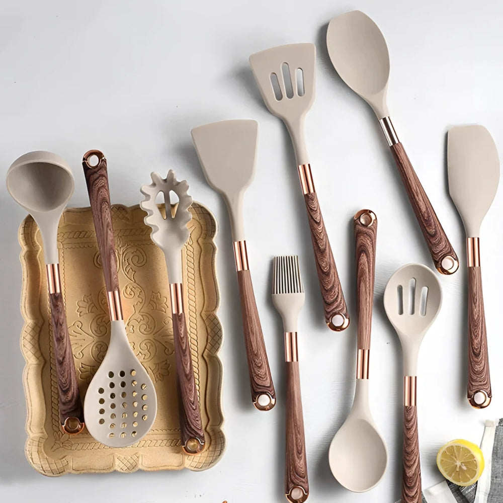 Utensil Set Heat-Resistant Silicone Ergonomic Handles Dishwasher Safe