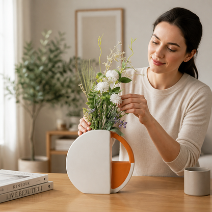 Vase Flat Disc Two-Tone Orange & White Matte Finish