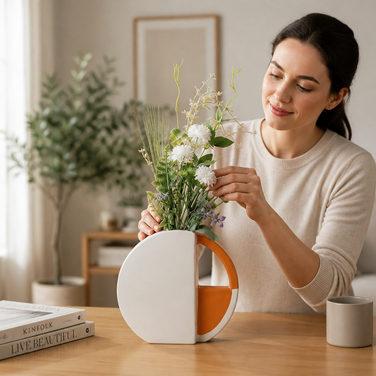Vase Flat Disc Two-Tone Orange & White Matte Finish