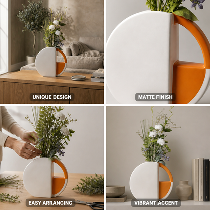 Vase Flat Disc Two-Tone Orange & White Matte Finish