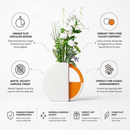 Vase Flat Disc Two-Tone Orange & White Matte Finish