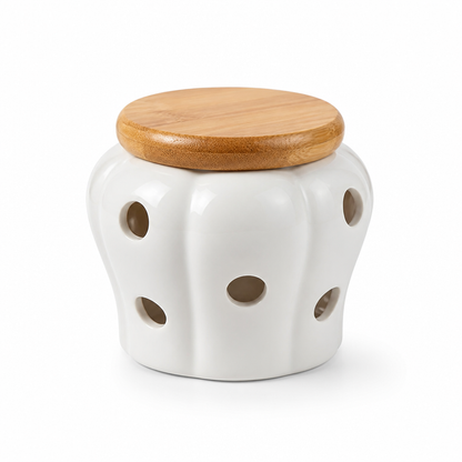 Ventilated Ceramic Garlic Jar With Bamboo Lid