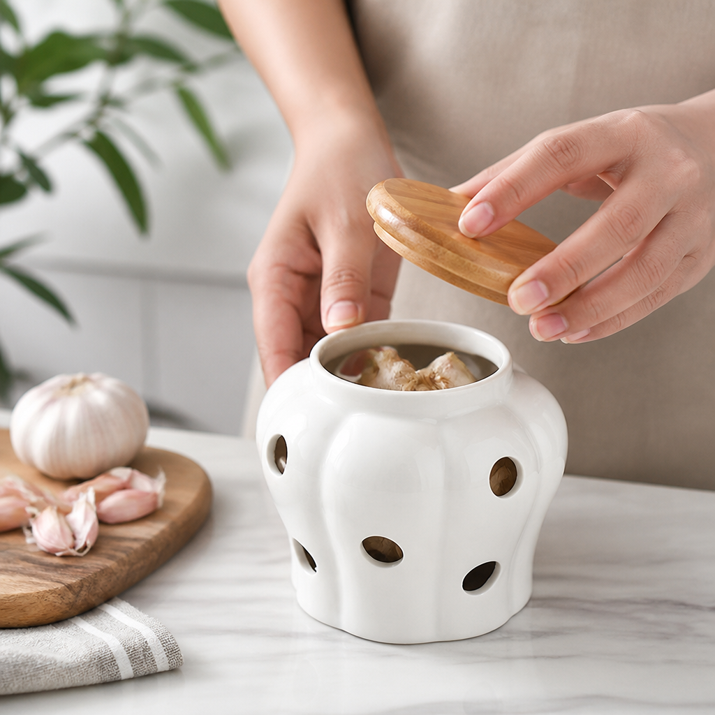 Ventilated Ceramic Garlic Jar With Bamboo Lid