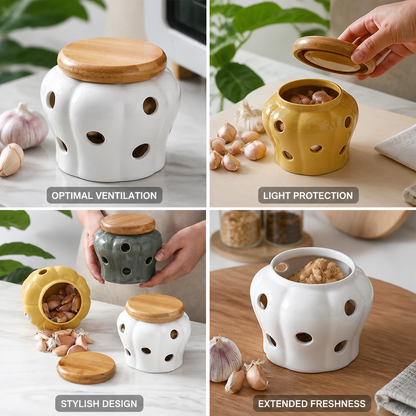 Ventilated Ceramic Garlic Jar With Bamboo Lid