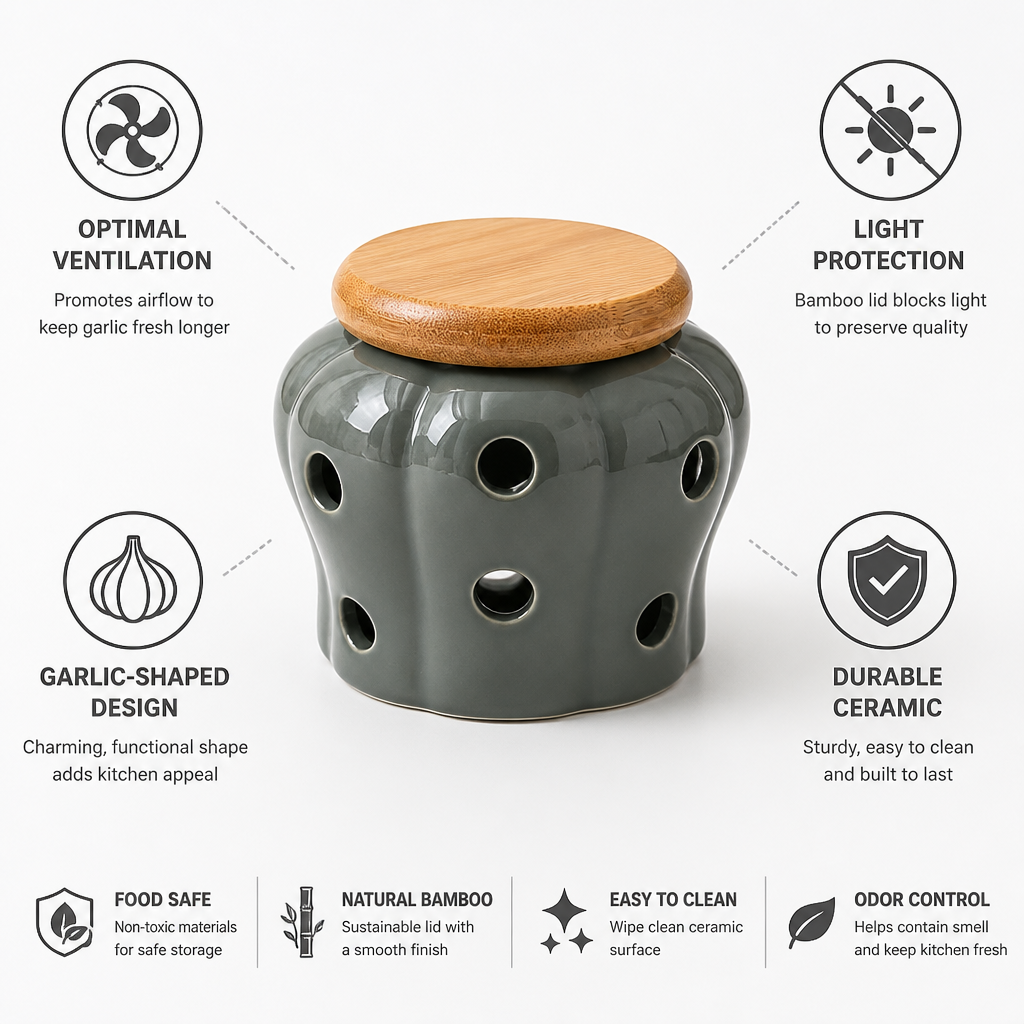 Ventilated Ceramic Garlic Jar With Bamboo Lid