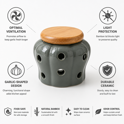 Ventilated Ceramic Garlic Jar With Bamboo Lid