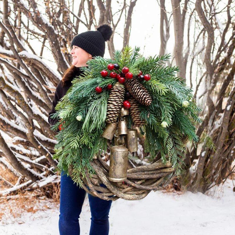 Vine Wreath Golden Bells Pinecones Weather-Resistant 17 Inch