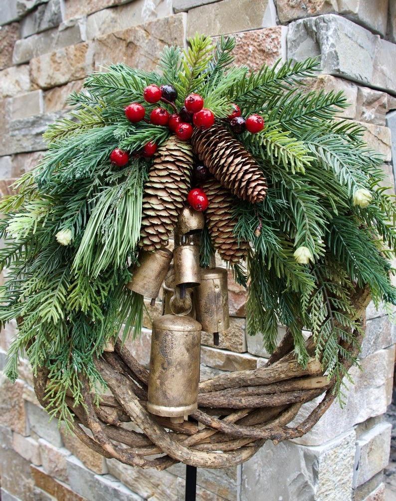 Vine Wreath Golden Bells Pinecones Weather-Resistant 17 Inch