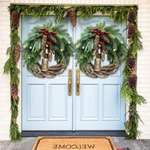Vine Wreath Golden Bells Pinecones Weather-Resistant 17 Inch