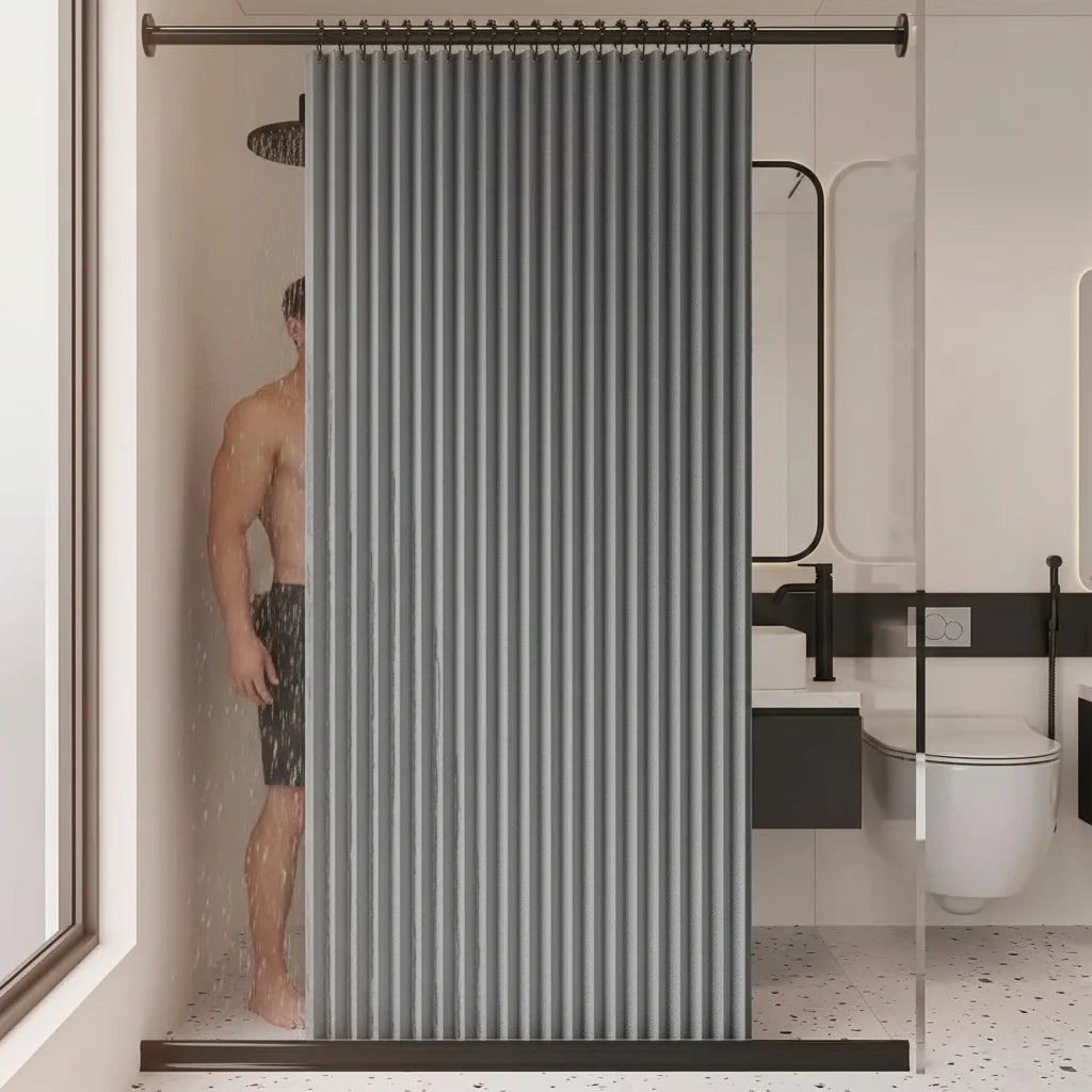 Walk-In Shower Curtain Foldable & Water-Repellent With Tension Rod