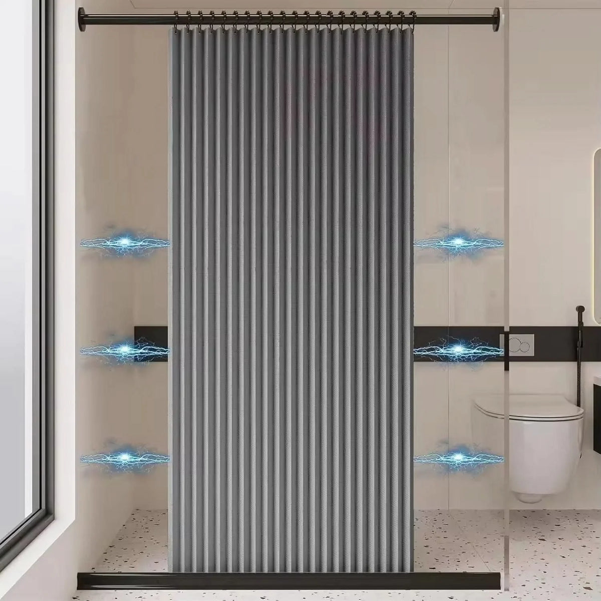 Walk-In Shower Curtain Foldable & Water-Repellent With Tension Rod