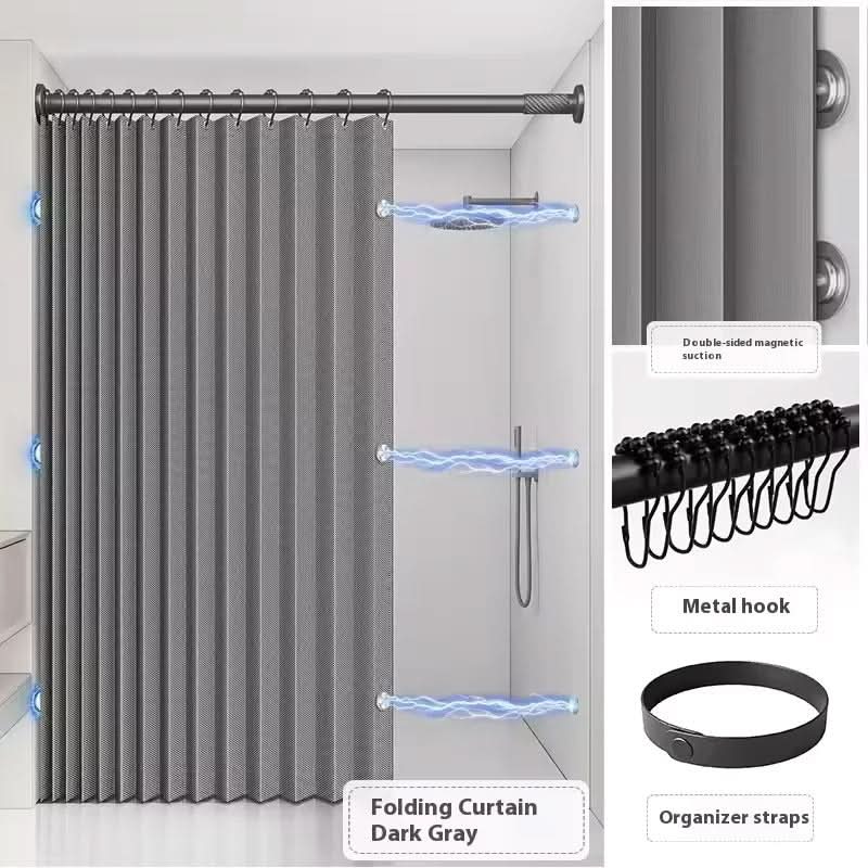 Walk-In Shower Curtain Foldable & Water-Repellent With Tension Rod