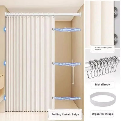 Walk-In Shower Curtain Foldable & Water-Repellent With Tension Rod