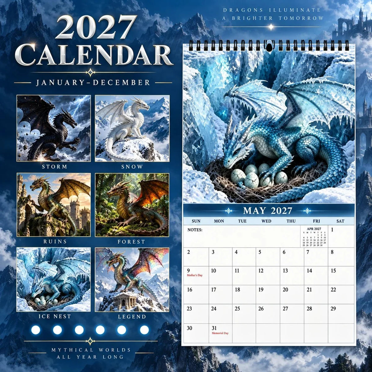 Wall Calendar 2027 Dragon Fantasy Art Spiral-Bound Hanging Design