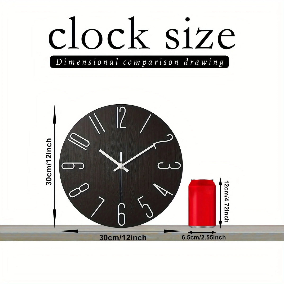 Wall Clock Frameless Silent Quartz 12 Inch Wood-Look