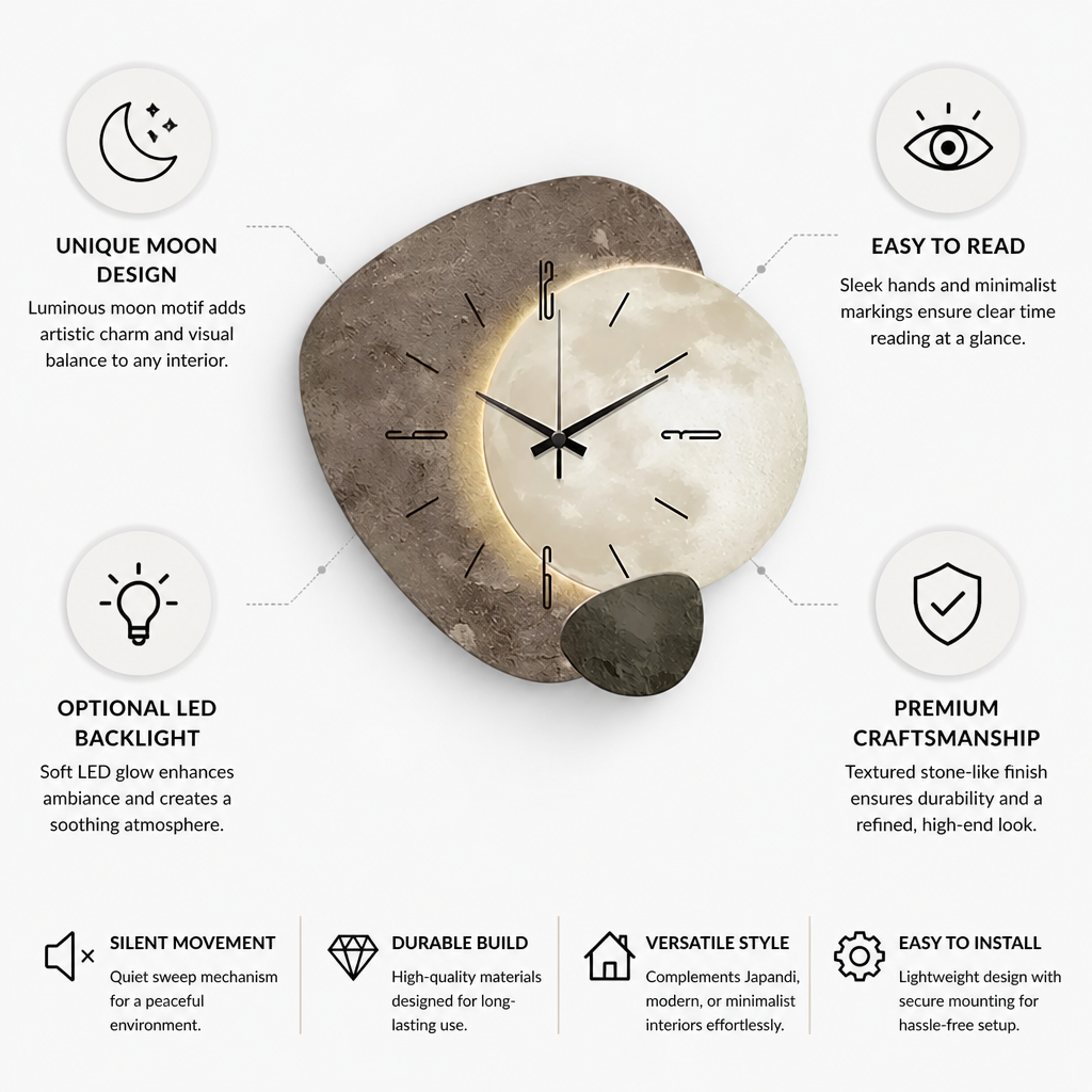Wall Clock Luminous Moon Textured Stone Optional LED Backlight