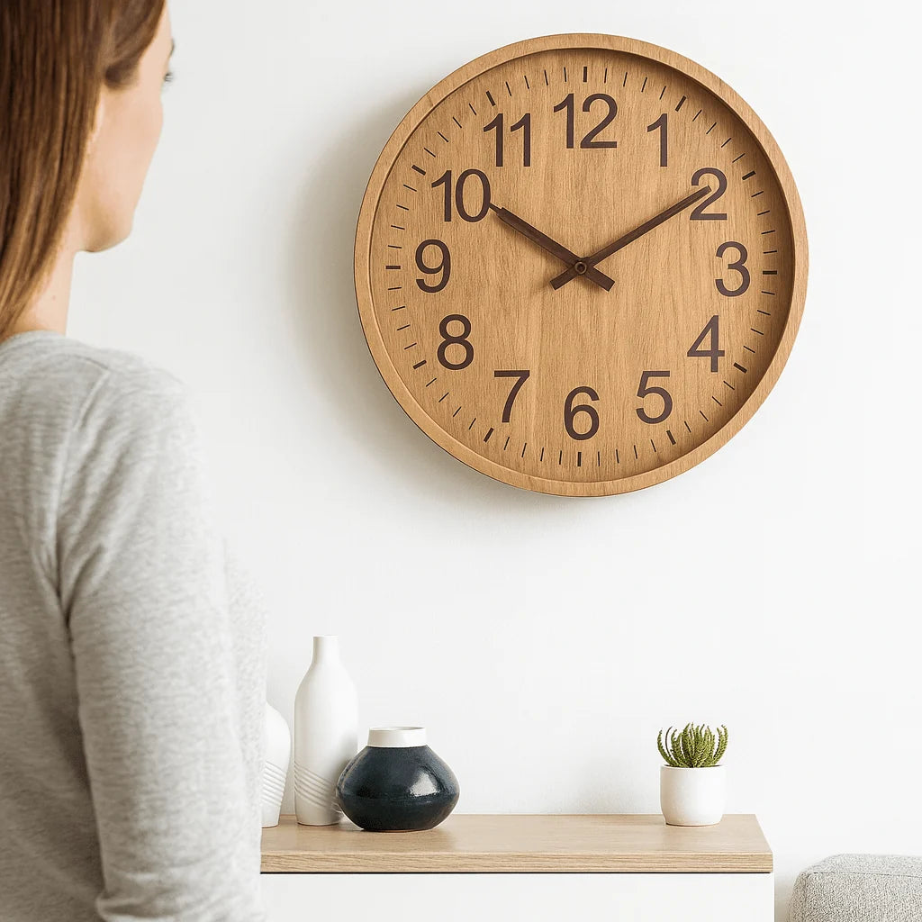 Wall Clock Natural Wood Finish Silent Operation 11.8-Inch Diameter