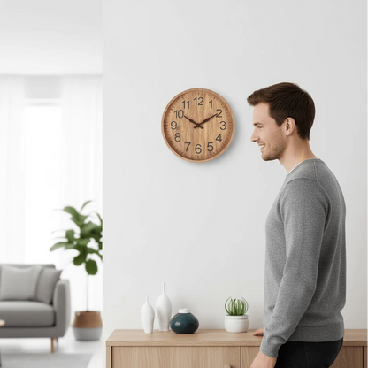 Wall Clock Natural Wood Finish Silent Operation 11.8-Inch Diameter