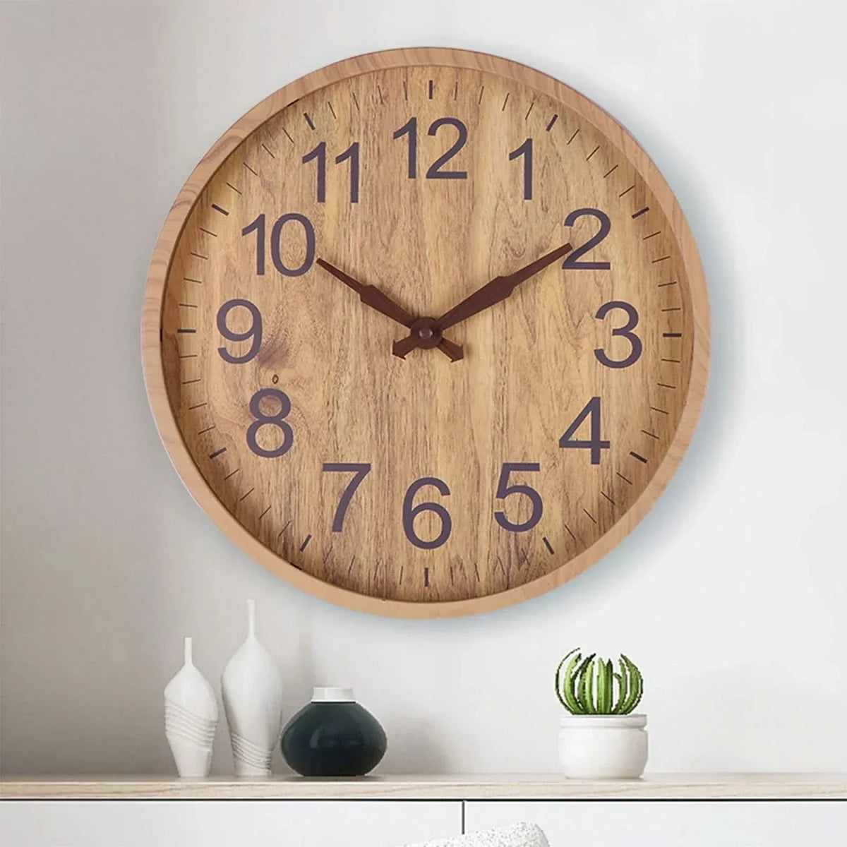 Wall Clock Natural Wood Finish Silent Operation 11.8-Inch Diameter