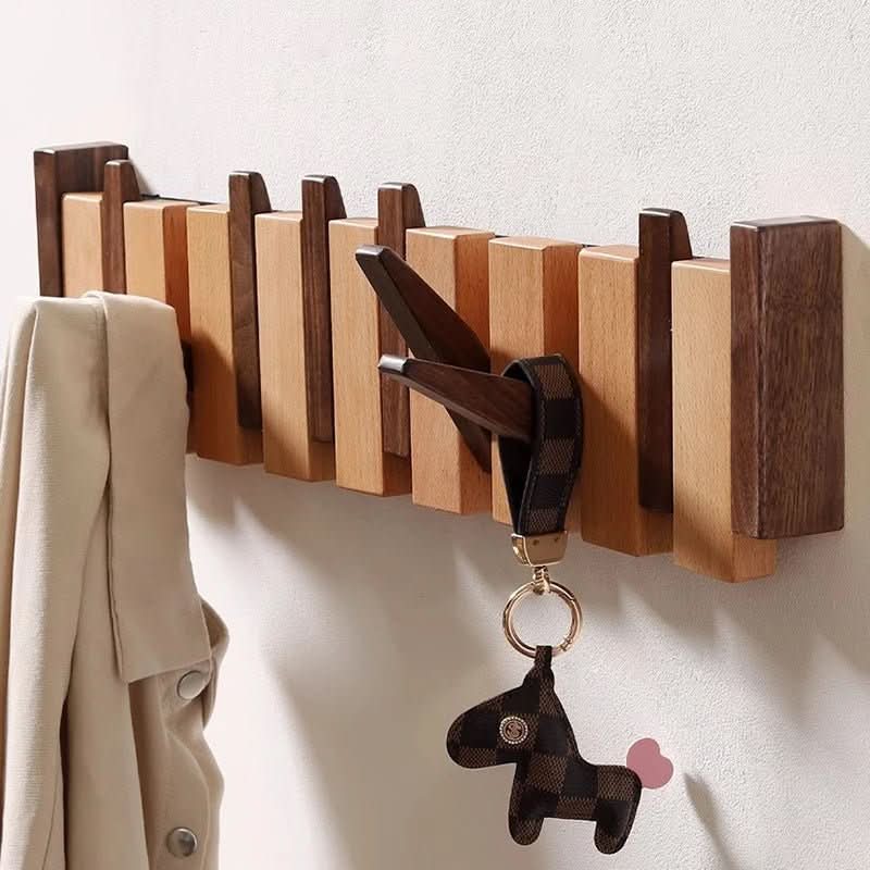 Wall Coat Rack Piano-Inspired Folding Hooks Wooden Space-Saving Design