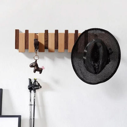 Wall Coat Rack Piano-Inspired Folding Hooks Wooden Space-Saving Design
