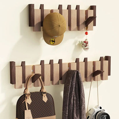 Wall Coat Rack Piano-Inspired Folding Hooks Wooden Space-Saving Design