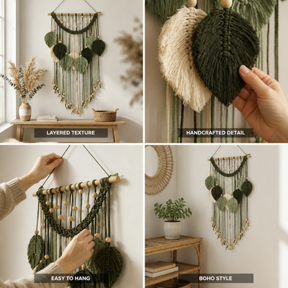 Wall Hanging Handcrafted Bohemian Leaf Beads & Fringe
