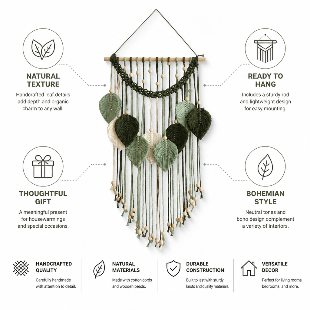 Wall Hanging Handcrafted Bohemian Leaf Beads & Fringe