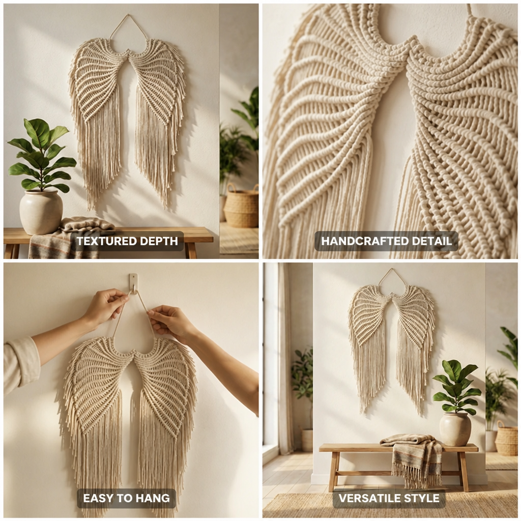 Wall Hanging Handcrafted Wing Motif Knotted Fringe