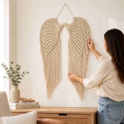 Wall Hanging Handcrafted Wing Motif Knotted Texture & Fringe