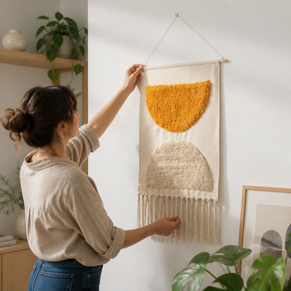 Wall Hanging Tapestry Handwoven Geometric Fringe With Wood Rod
