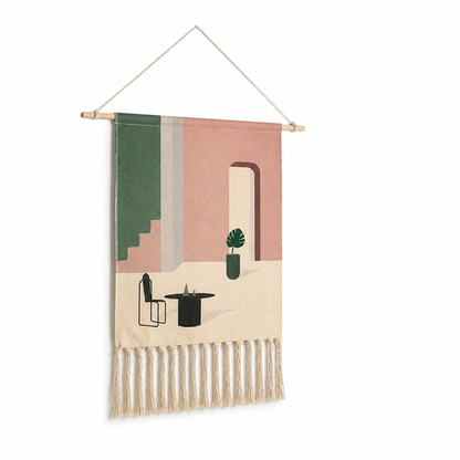 Wall Hanging Tapestry Handwoven Geometric Fringe With Wood Rod