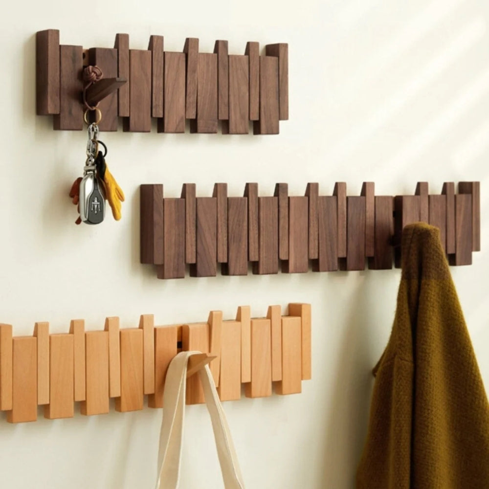 Wall Hook Rack Foldable Piano-Key Natural Wood