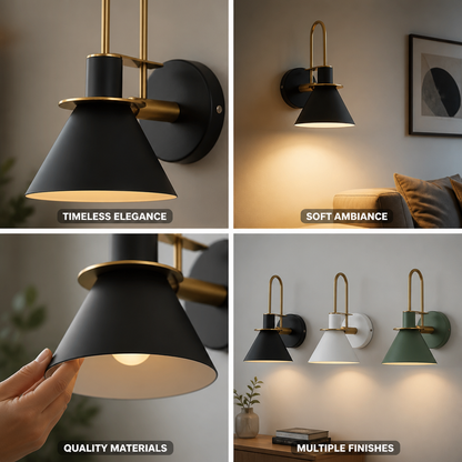 Wall Lamp Conical Metal Shade Curved Gold Arm